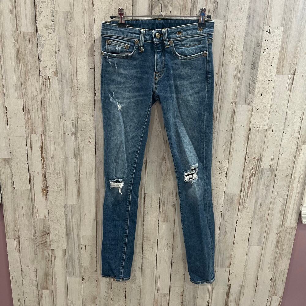 R13 Women's Skinny Distressed Jeans in Blue Denim
